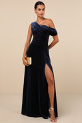 Coveted Confidence Navy Blue Velvet Asymmetrical Maxi Dress
