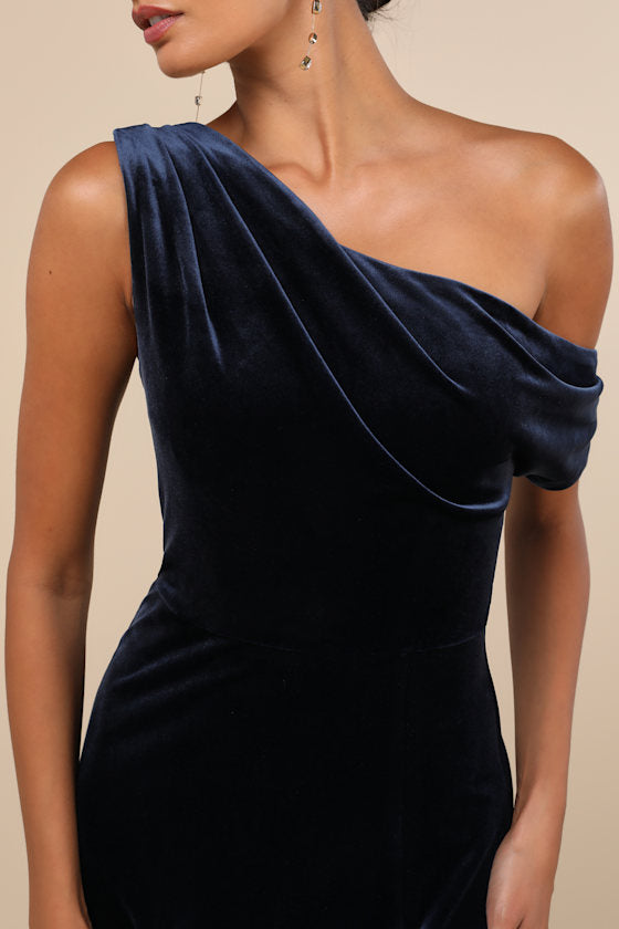 Coveted Confidence Navy Blue Velvet Asymmetrical Maxi Dress