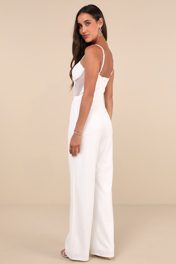 Perfectly Sultry White Sheer Mesh Bustier Wide-Leg Jumpsuit