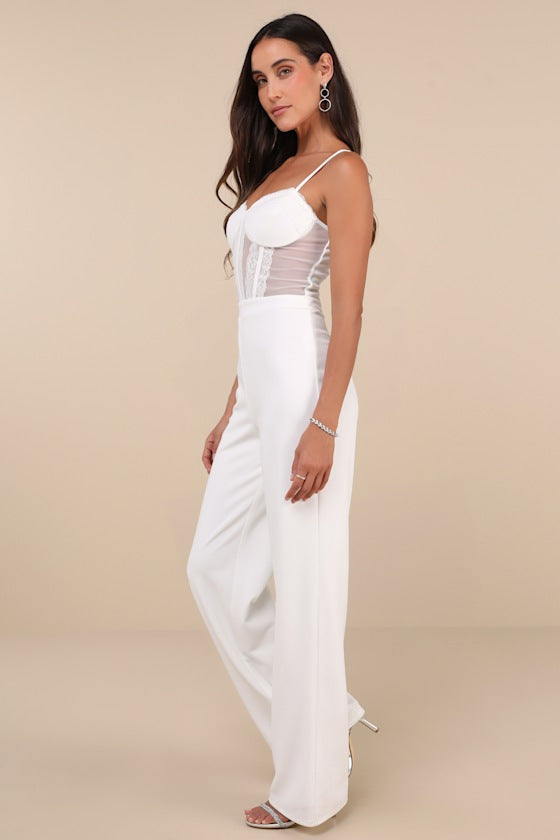 Perfectly Sultry White Sheer Mesh Bustier Wide-Leg Jumpsuit