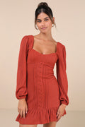 Coveted Sweetness Rust Pointelle Knit Long Sleeve Mini Dress