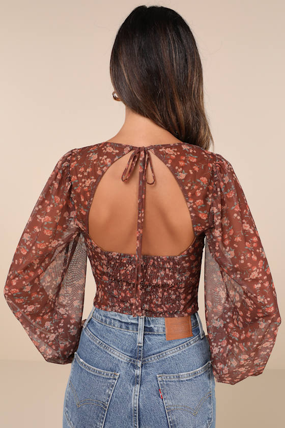 Feeling So Cute Brown Floral Mesh Balloon Sleeve Crop Top