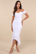 How Much I Care White Velvet Off-the-Shoulder Midi Dress