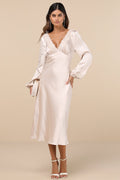 Illustrious Elegance Champagne Satin Long Sleeve Midi Dress