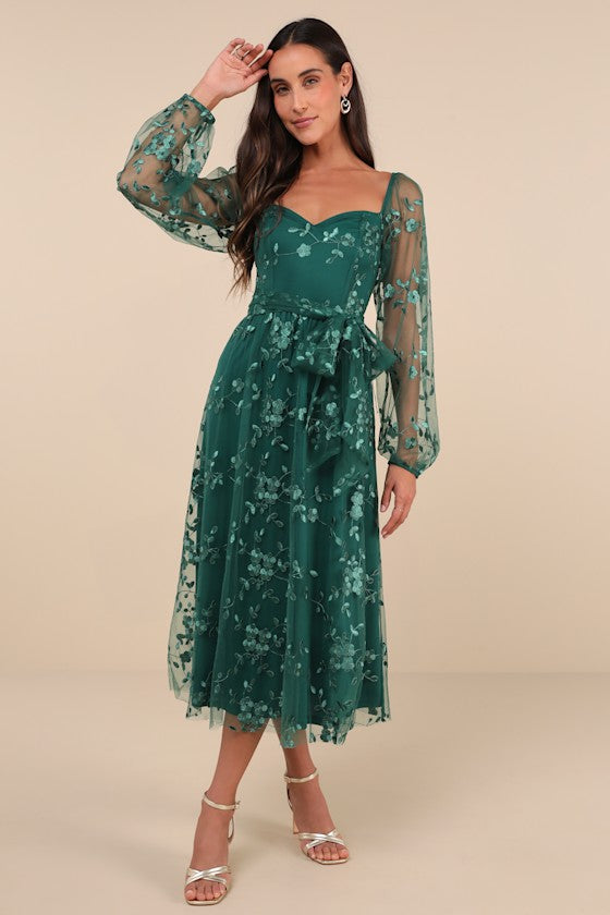 Darling Charisma Emerald Mesh Embroidered Midi Dress