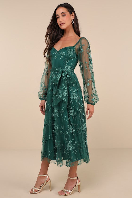 Darling Charisma Emerald Mesh Embroidered Midi Dress