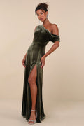Coveted Confidence Olive Green Velvet Asymmetrical Maxi Dress