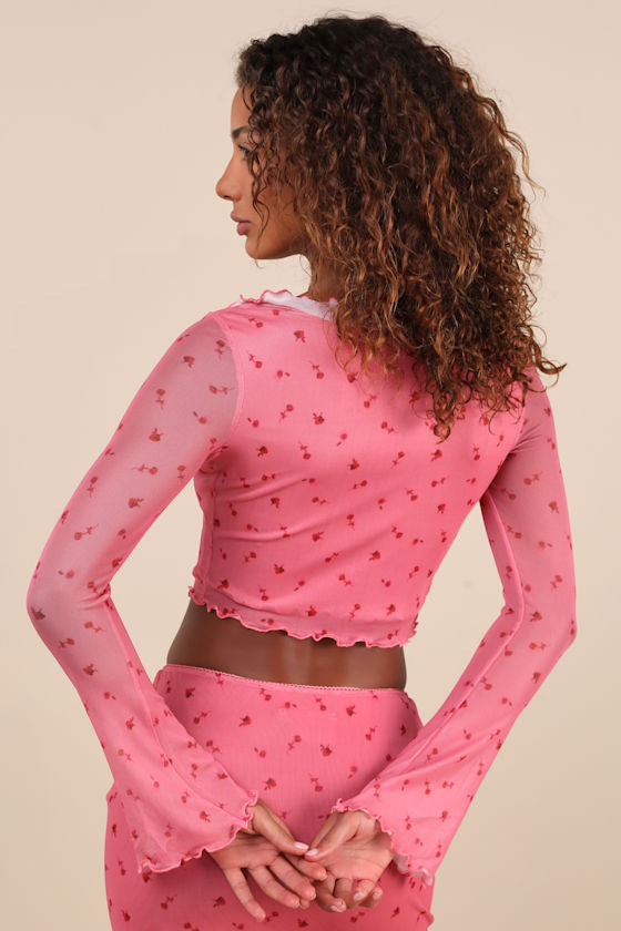 Cutest Appeal Pink Floral Mesh Bow Ruffled Long Sleeve Crop Top
