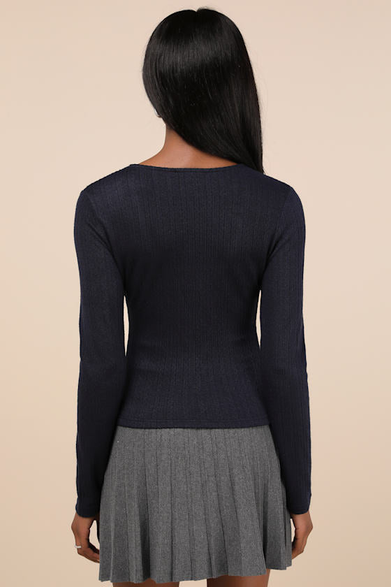 Simple Adoration Navy Pointelle Scoop Neck Long Sleeve Top