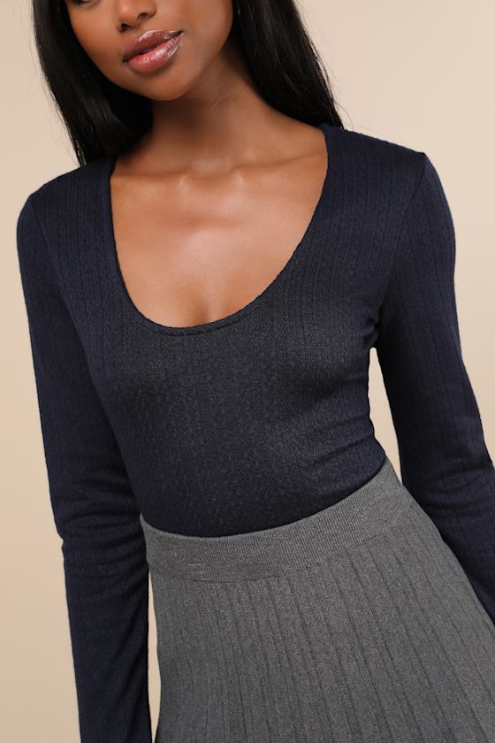 Simple Adoration Navy Pointelle Scoop Neck Long Sleeve Top