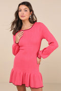 Coziest Poise Pink Cable Knit Long Sleeve Sweater Mini Dress