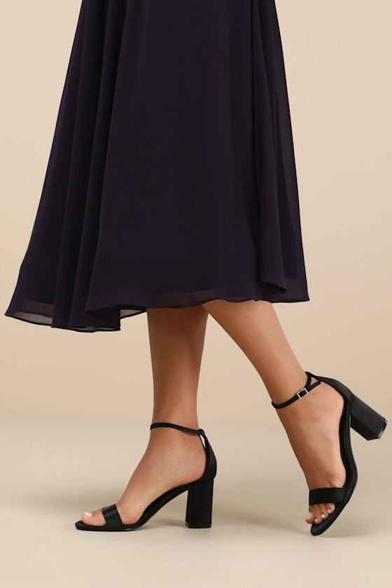 Arylee Black Satin Ankle Strap Heels