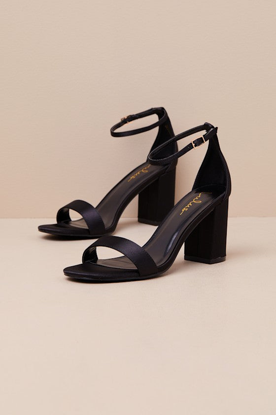 Arylee Black Satin Ankle Strap Heels