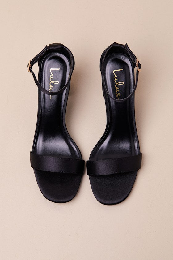 Arylee Black Satin Ankle Strap Heels