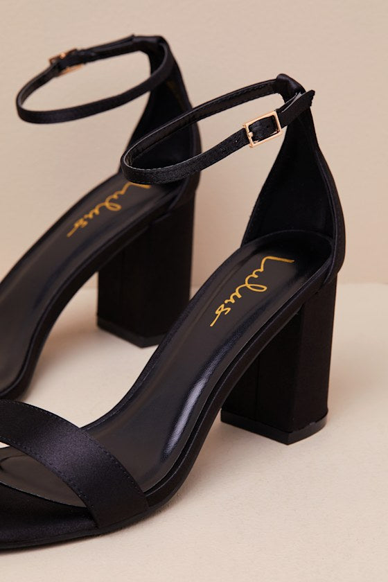 Arylee Black Satin Ankle Strap Heels