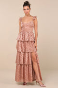 Stunning Glory Dusty Pink Floral Jacquard Tiered Maxi Dress