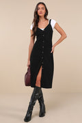 Certainly the Sweetest Black Corduroy Button-Front Midi Dress