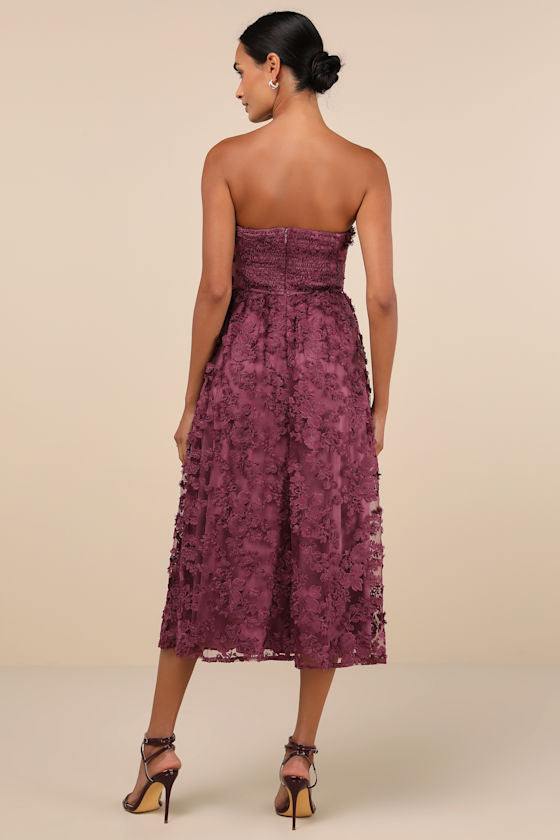Quite Perfect Purple Floral Embroidered Strapless Midi Dress