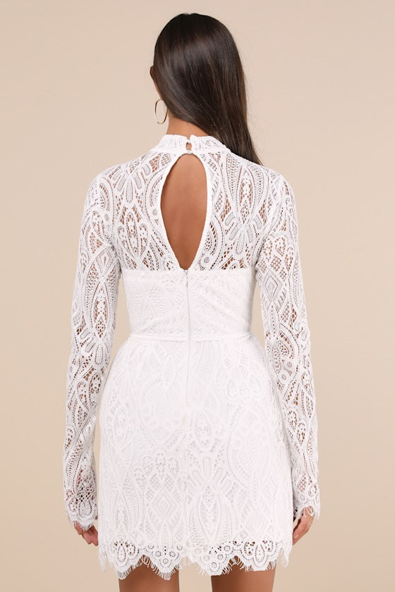 Gorgeous Attraction White Lace Structured Long Sleeve Mini Dress