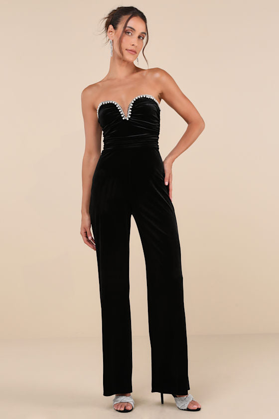 Fabulous Instinct Black Velvet Pearl Strapless Jumpsuit