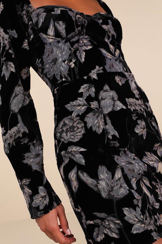 Simply Decadent Black Floral Velvet Burnout Bustier Mini Dress