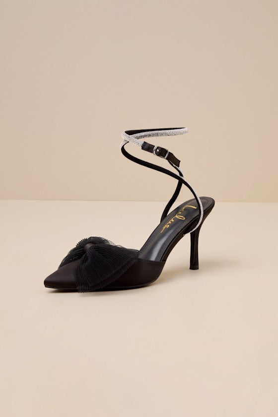 Lelanee Black Satin Rhinestone Bow Ankle Strap Pumps