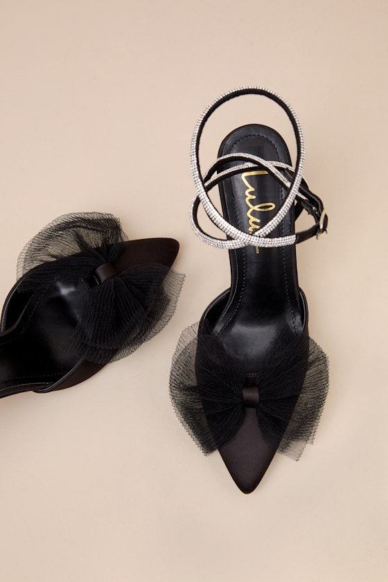 Lelanee Black Satin Rhinestone Bow Ankle Strap Pumps