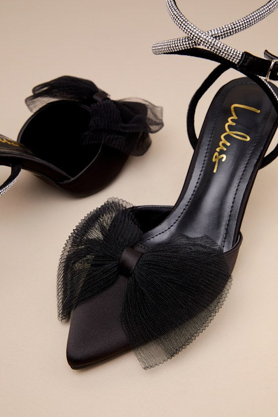 Lelanee Black Satin Rhinestone Bow Ankle Strap Pumps