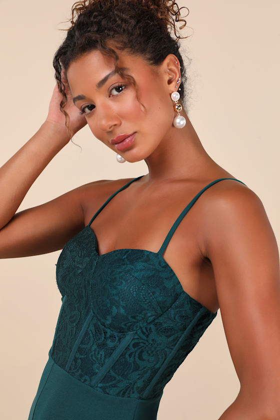 Eloquently Enticing Emerald Green Lace Bustier Jumpsuit