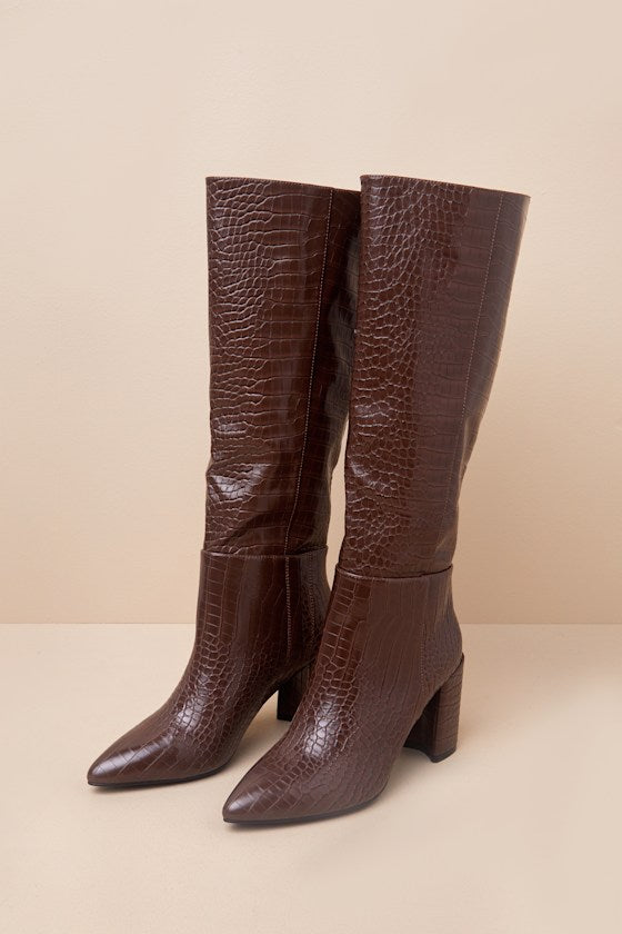 Katari Espresso Croc-Embossed Pointed-Toe Knee High Boots