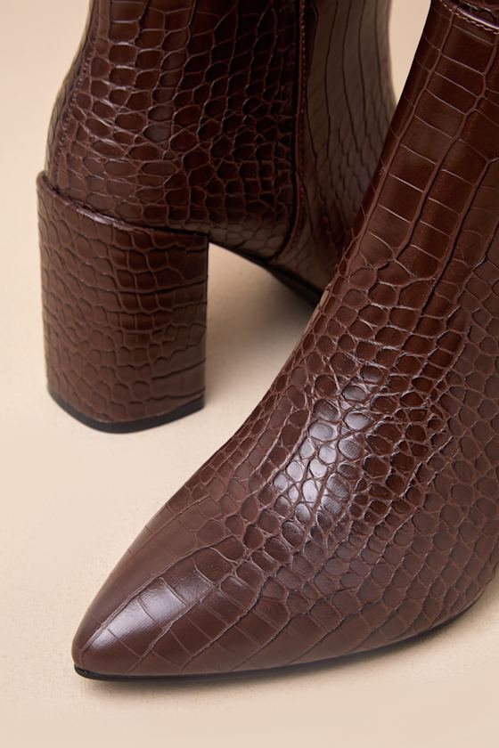 Katari Espresso Croc-Embossed Pointed-Toe Knee High Boots