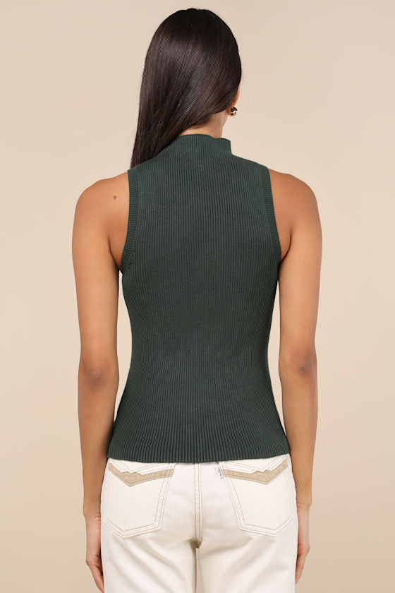 Seasonal Sophistication Green Ribbed Mock Neck Sweater Tank Top