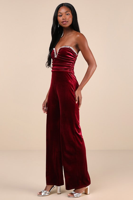 Fabulous Instinct Burgundy Velvet Pearl Strapless Jumpsuit