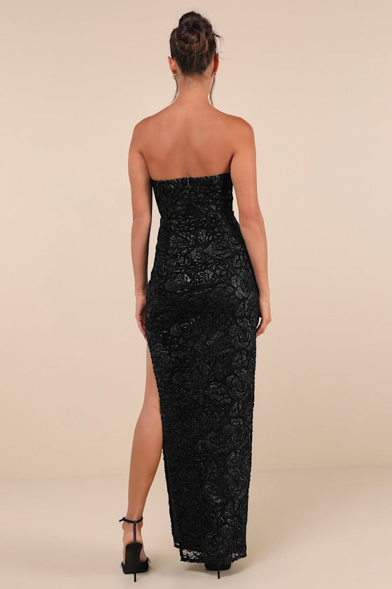 Stately Aura Black Mesh Velvet Strapless Bustier Maxi Dress