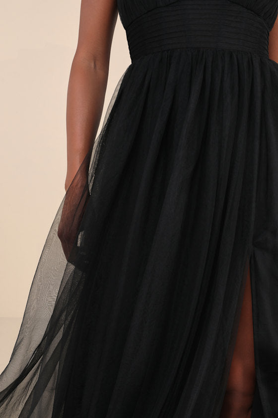 Convincingly Graceful Black Tulle Sleeveless Maxi Dress