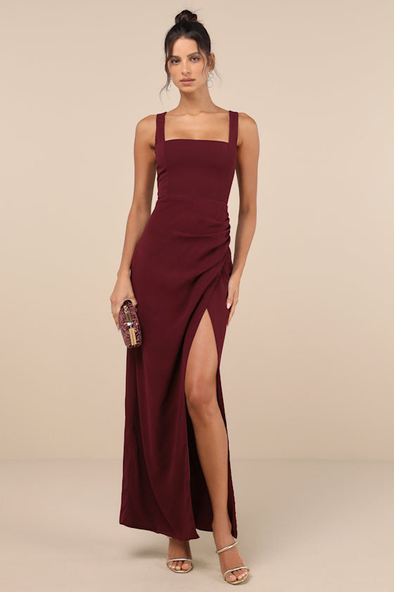Glamorous Disposition Burgundy Ruched Maxi Dress