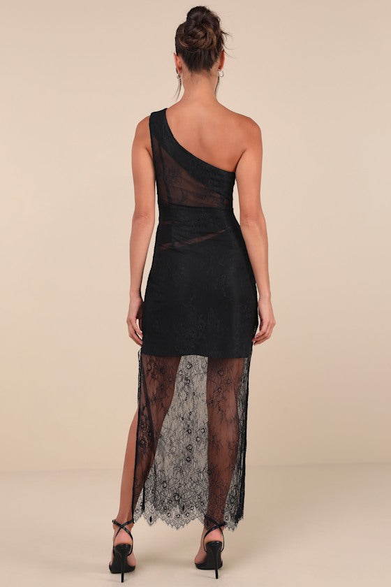 Sensational Flirt Black Sheer Lace One-Shoulder Maxi Dress