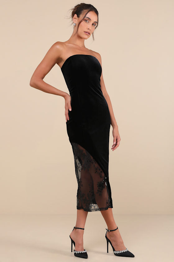 Feeling So Luxe Black Velvet Mesh Sequin Strapless Midi Dress