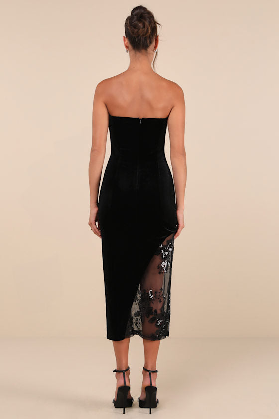 Feeling So Luxe Black Velvet Mesh Sequin Strapless Midi Dress