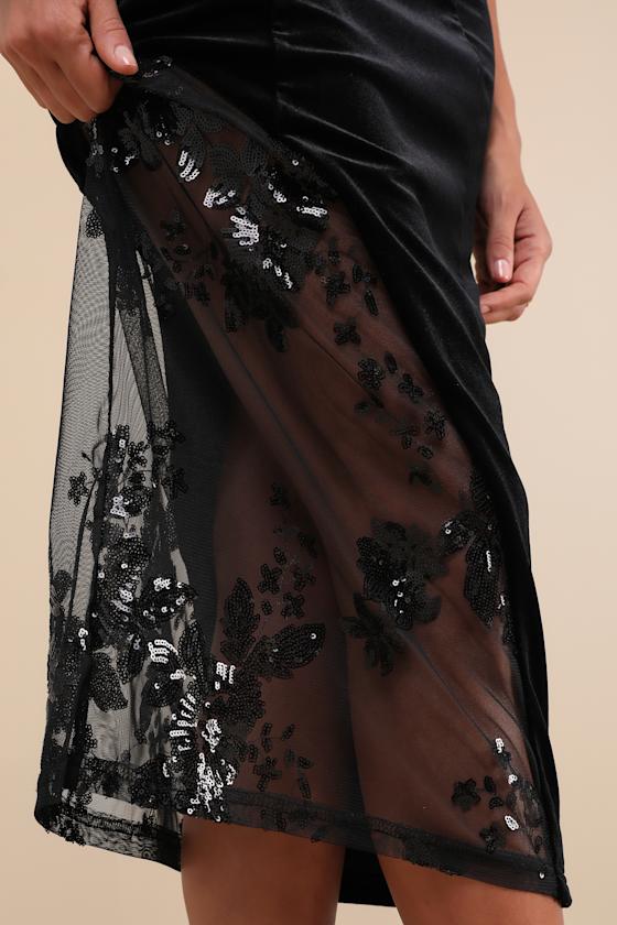 Feeling So Luxe Black Velvet Mesh Sequin Strapless Midi Dress