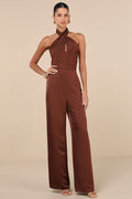 Beyond Classy Brown Satin Halter Wide-Leg Jumpsuit