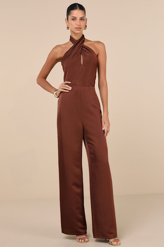 Beyond Classy Brown Satin Halter Wide-Leg Jumpsuit