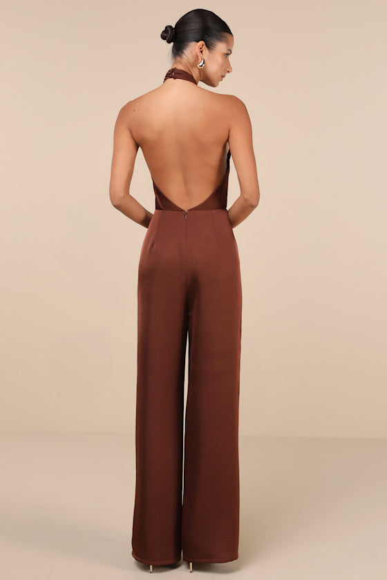 Beyond Classy Brown Satin Halter Wide-Leg Jumpsuit