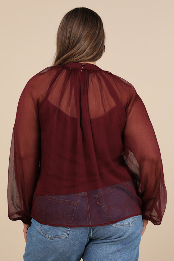 Angelically Airy Burgundy Balloon Sleeve Top