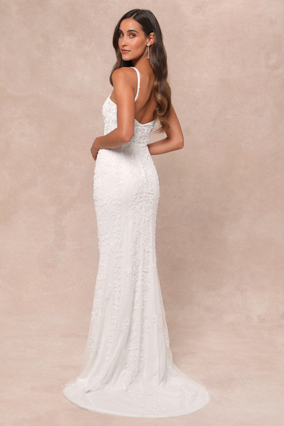 Momentous Love White Beaded Bustier Mesh Mermaid Maxi Dress