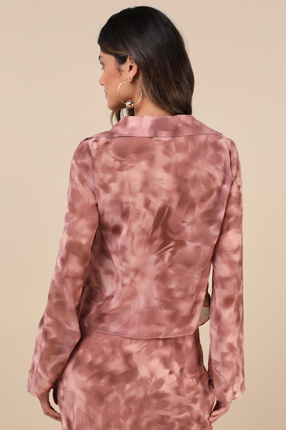 Ethereal Aesthetic Mauve Abstract Tie-Front Long Sleeve Top