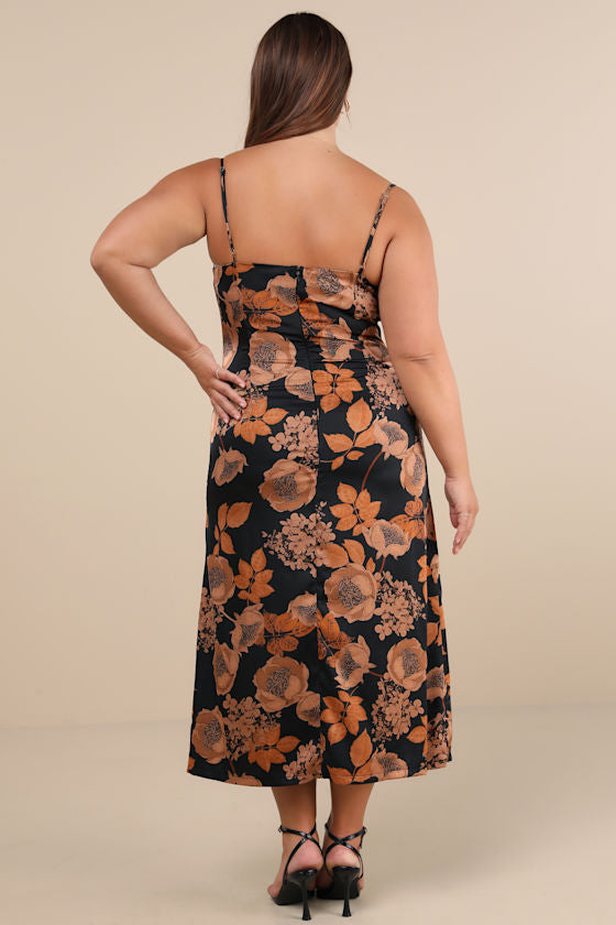 Favorite Icon Black Floral Satin Cowl Neck Slip Midi Dress