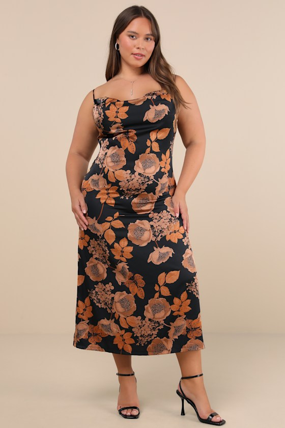 Favorite Icon Black Floral Satin Cowl Neck Slip Midi Dress