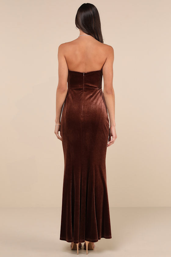 Perfectly Captivating Brown Velvet Strapless Maxi Dress