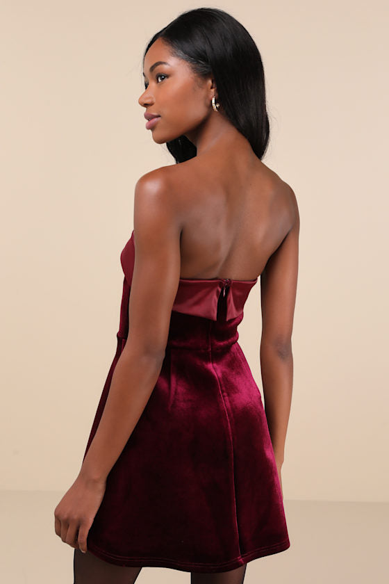 Captivating Admiration Burgundy Velvet Strapless Mini Dress